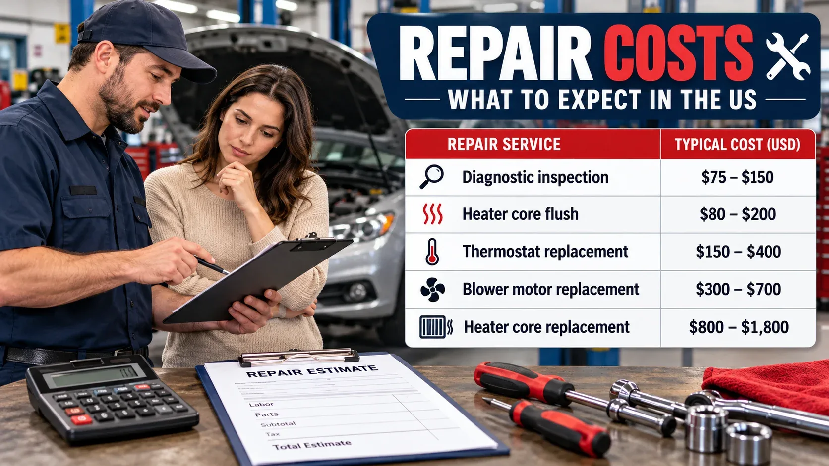 Estimated car heater repair costs for common automotive heating problems