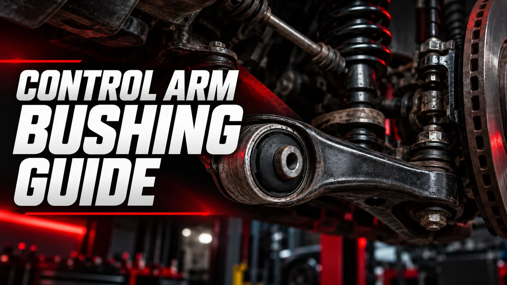 Control arm bushing guide with close-up of vehicle suspension