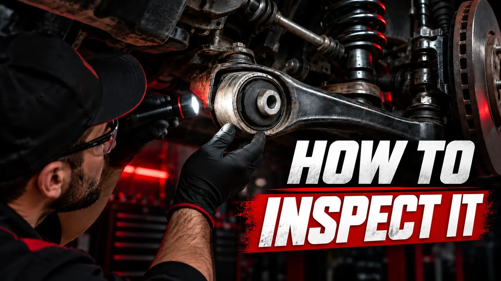 Mechanic inspecting a control arm bushing with a flashlight