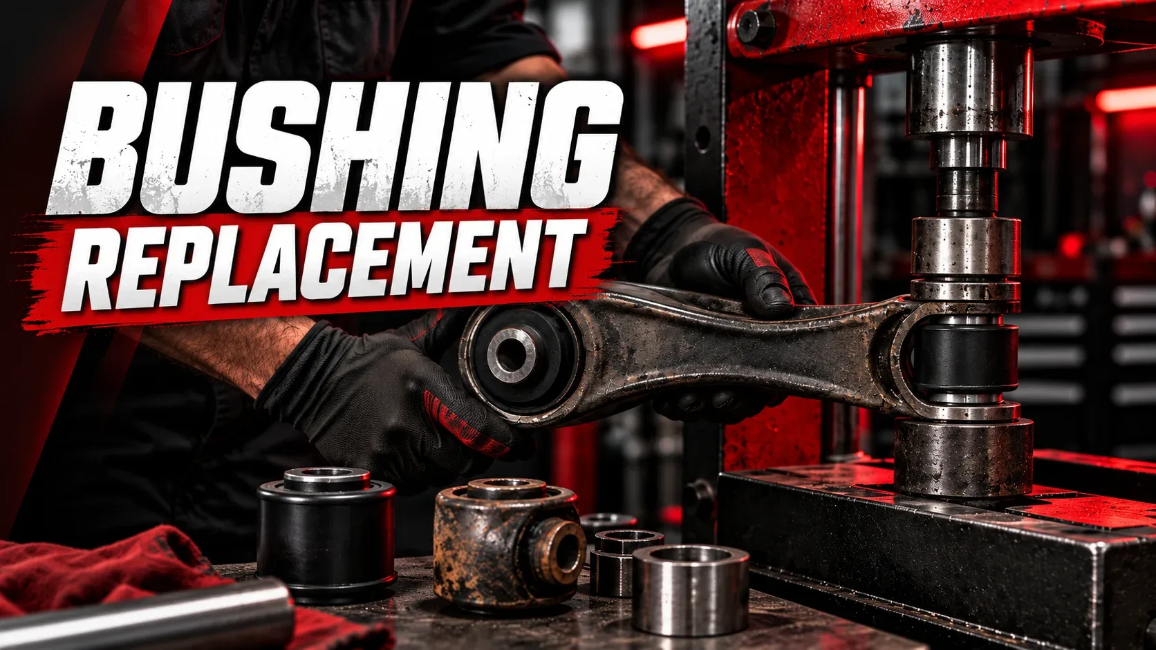 Mechanic using workshop equipment for control arm bushing replacement