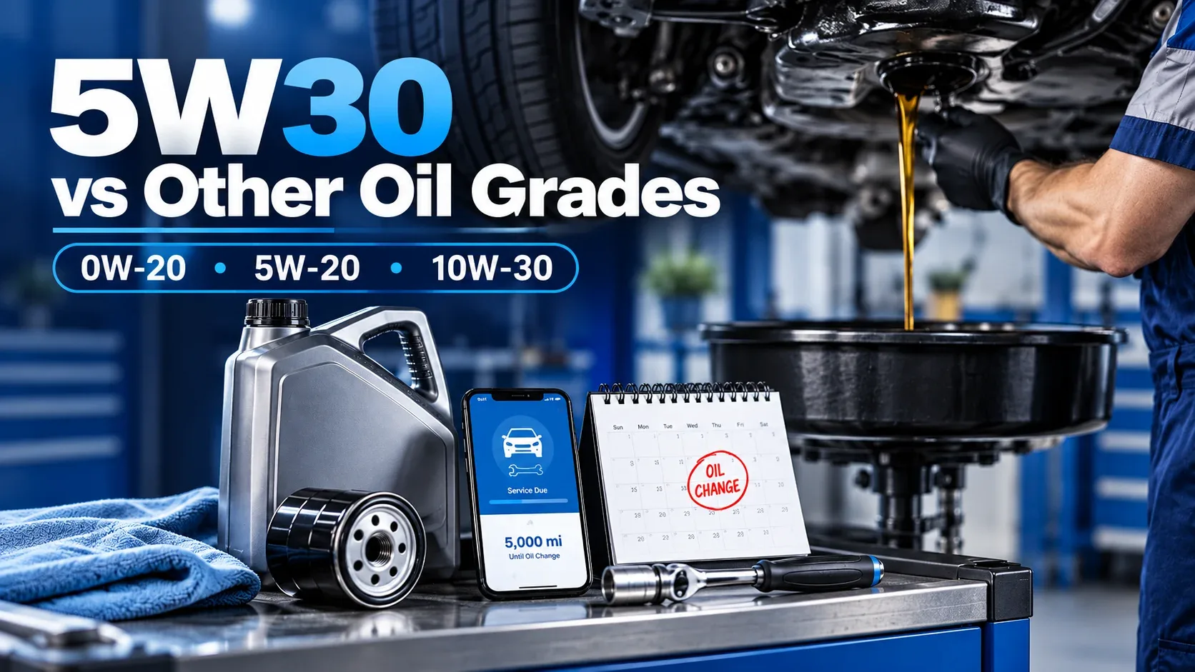 5W30 compared with 0W20 5W20 and 10W30 engine oil grades