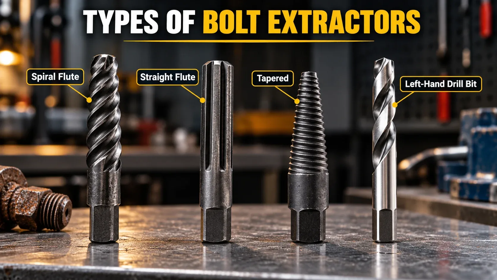 Different bolt extractor types including spiral flute straight flute and left-hand drill bit