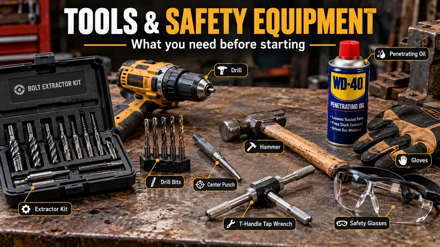 Tools and safety equipment for broken bolt extraction including drill center punch extractor set and eye protection