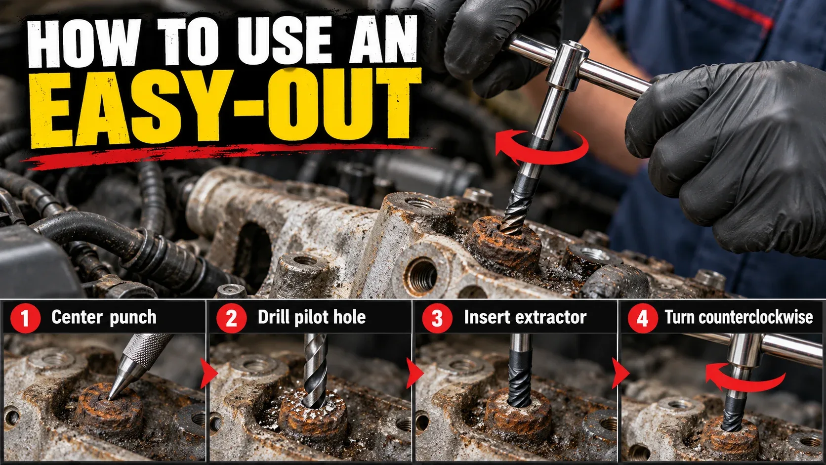 Steps to use an Easy-Out center punch drill pilot hole insert extractor turn counterclockwise