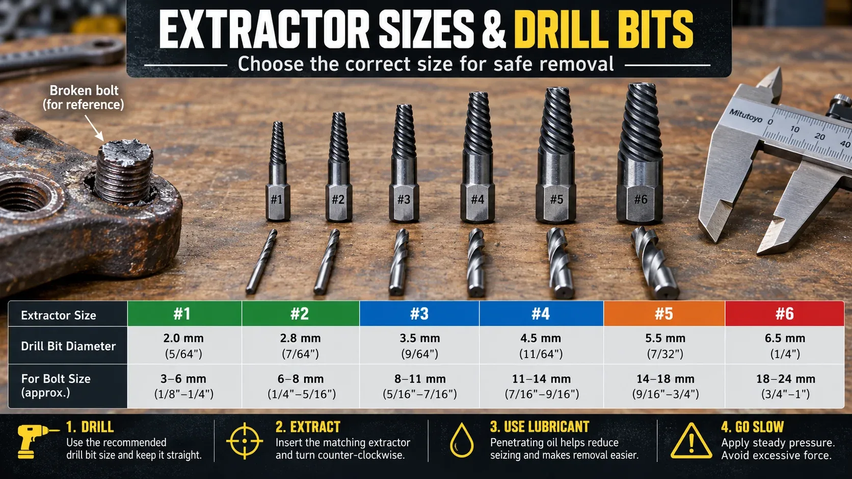 Extractor sizes and matching drill bits shown as a visual overview