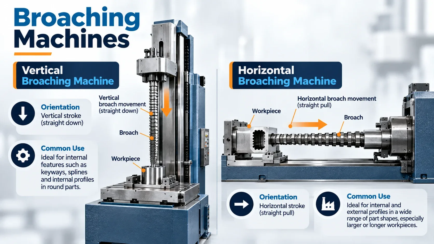 Vertical and horizontal broaching machines