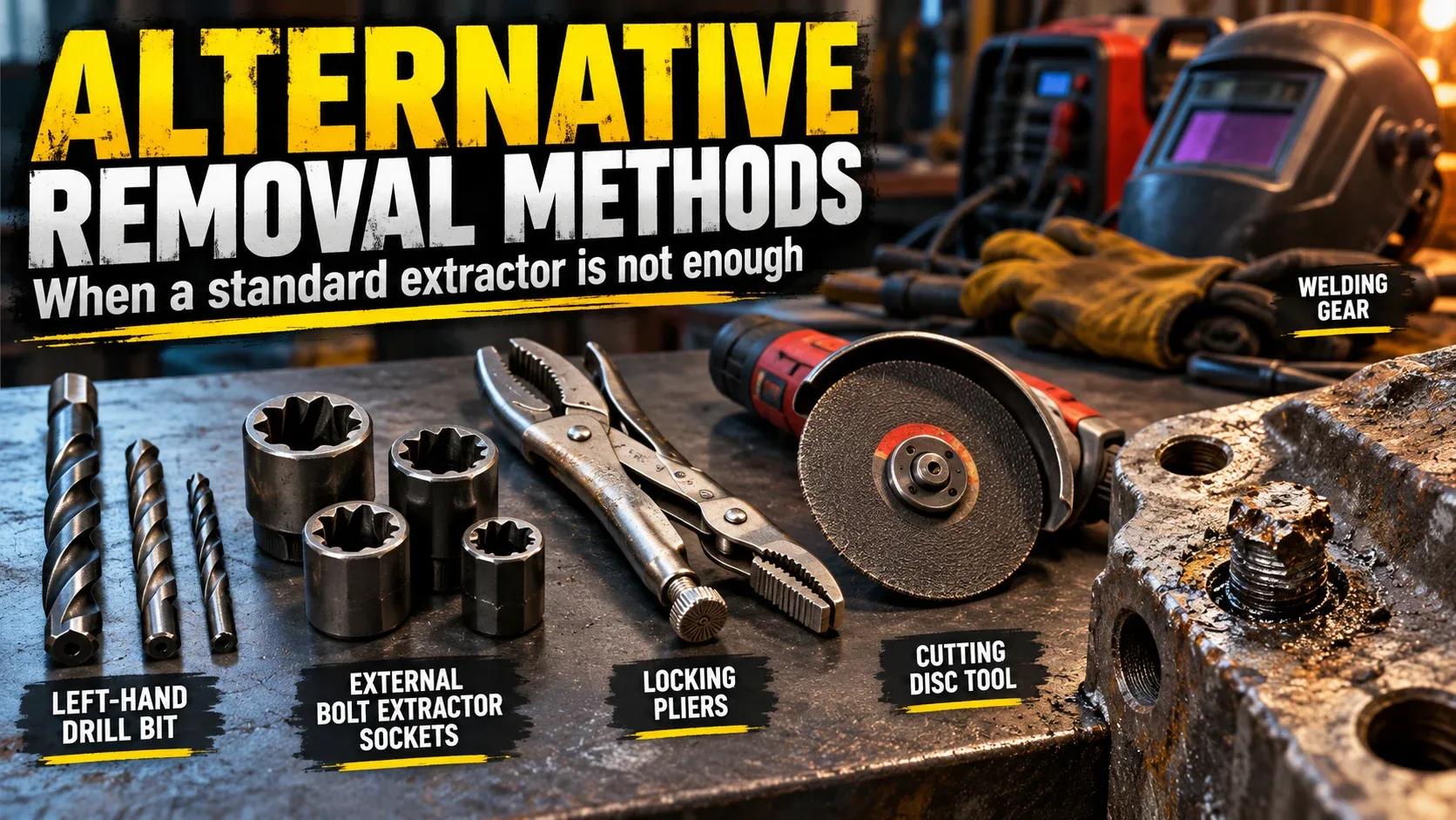 Alternative broken bolt removal methods with left-hand drill bits external extractor sockets and welding tools