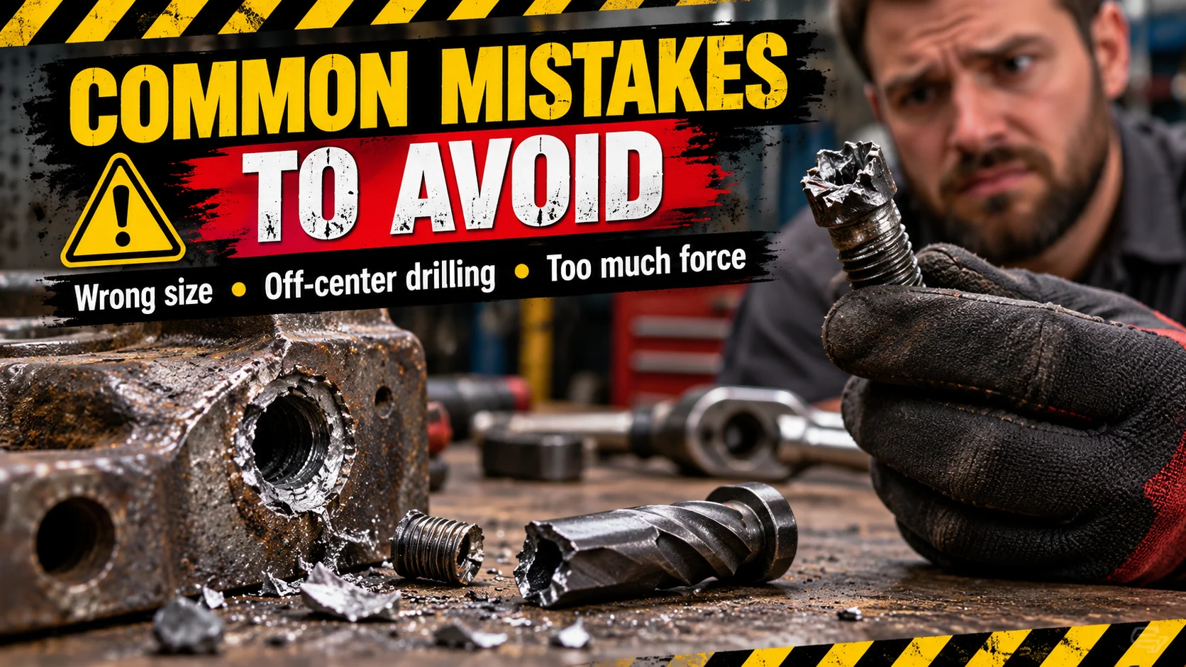 Common bolt extractor mistakes including off-center drilling incorrect size and excessive force