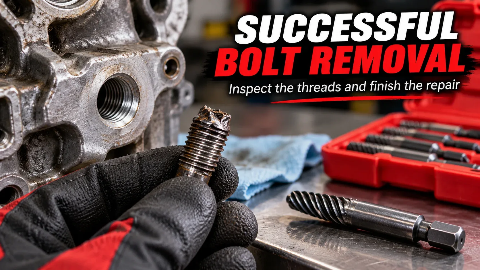 Successful broken bolt removal showing extracted bolt and threaded hole for inspection
