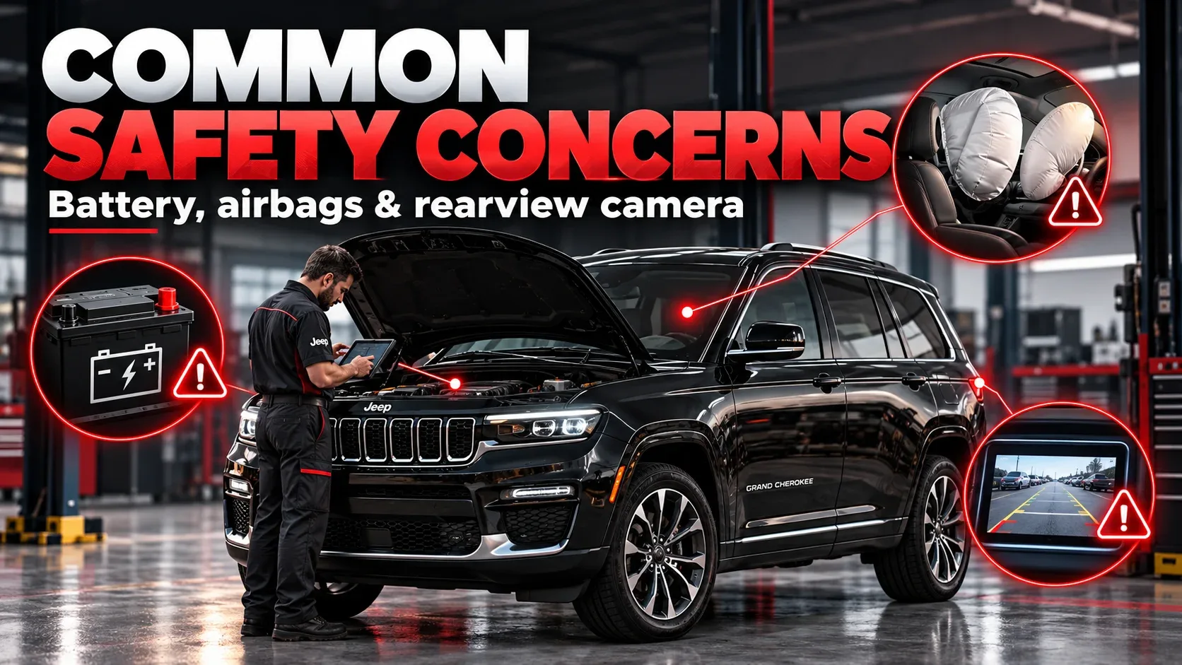Jeep Grand Cherokee safety concerns showing battery airbags and rearview camera systems