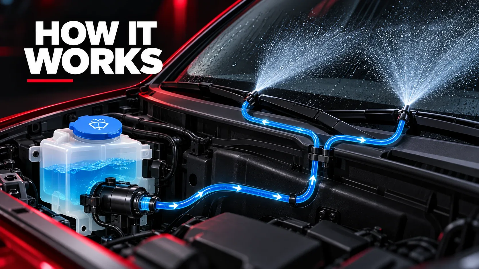 How windshield washer system works: reservoir pump hoses and windshield spray nozzles