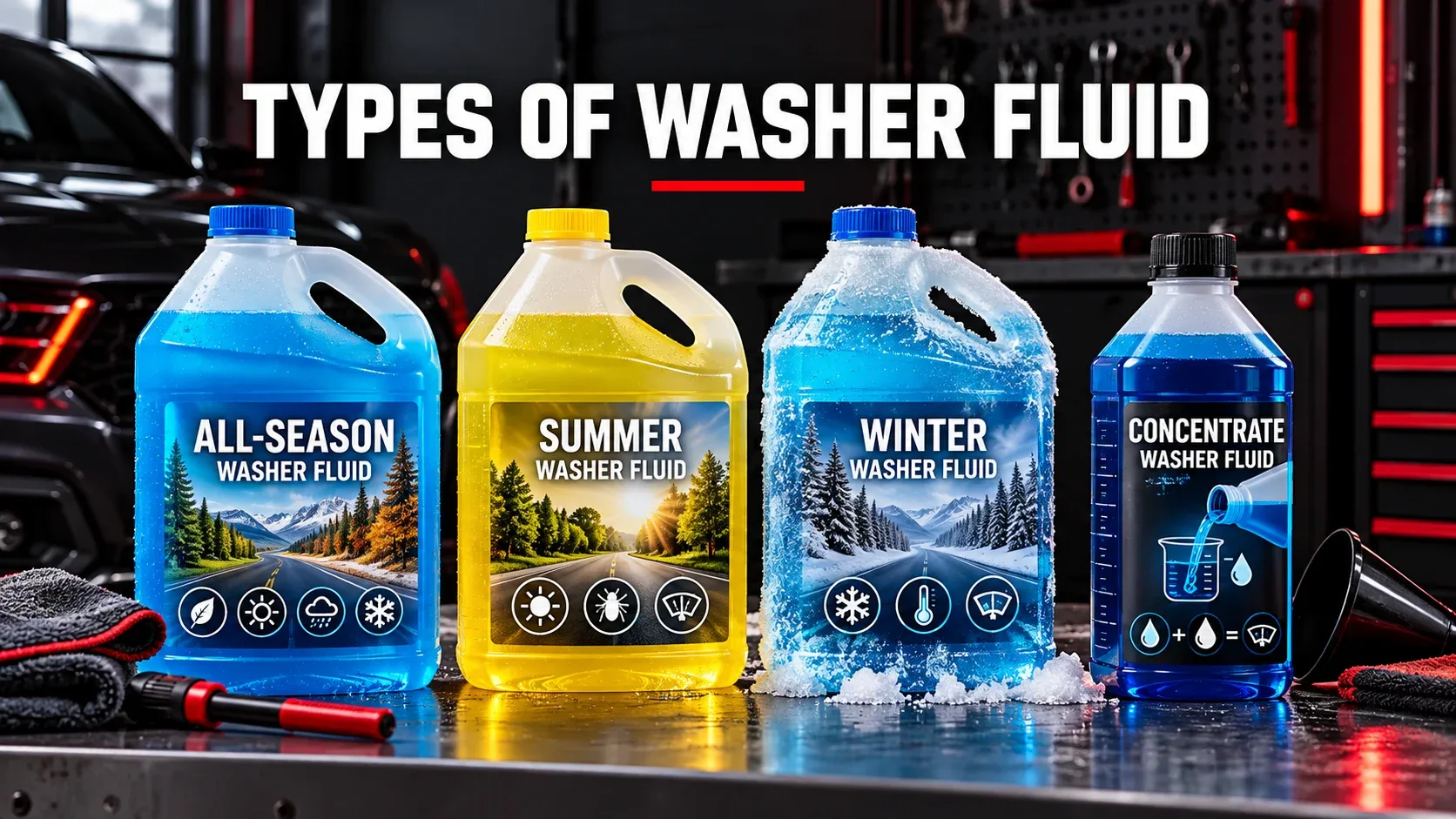 Types of washer fluid: all-season summer winter and concentrated formulations