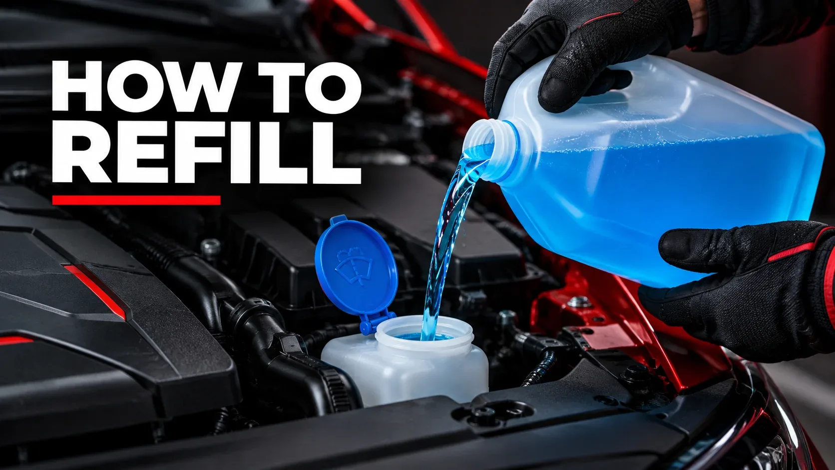 How to refill windshield washer fluid by pouring blue washer liquid into correct reservoir