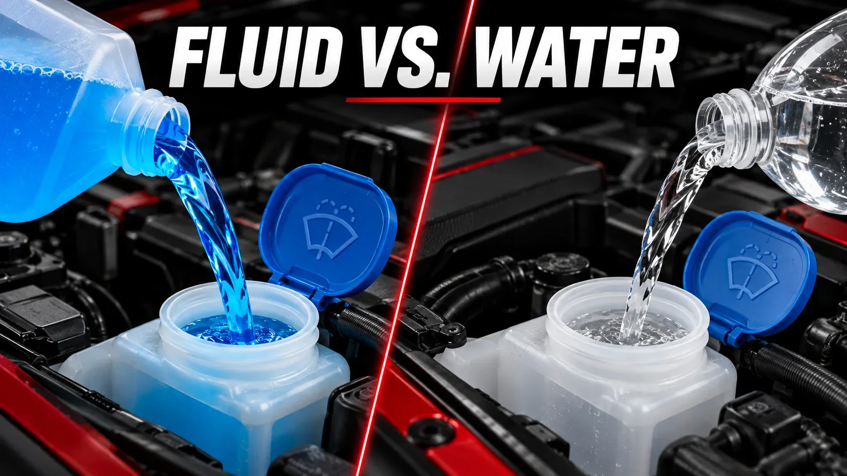 Washer liquid versus plain water comparison in car windshield washer reservoirs