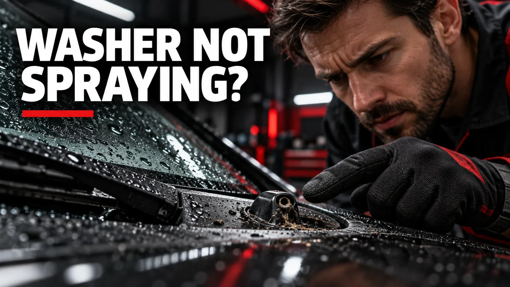 Washer not spraying: mechanic inspecting blocked windshield washer nozzle