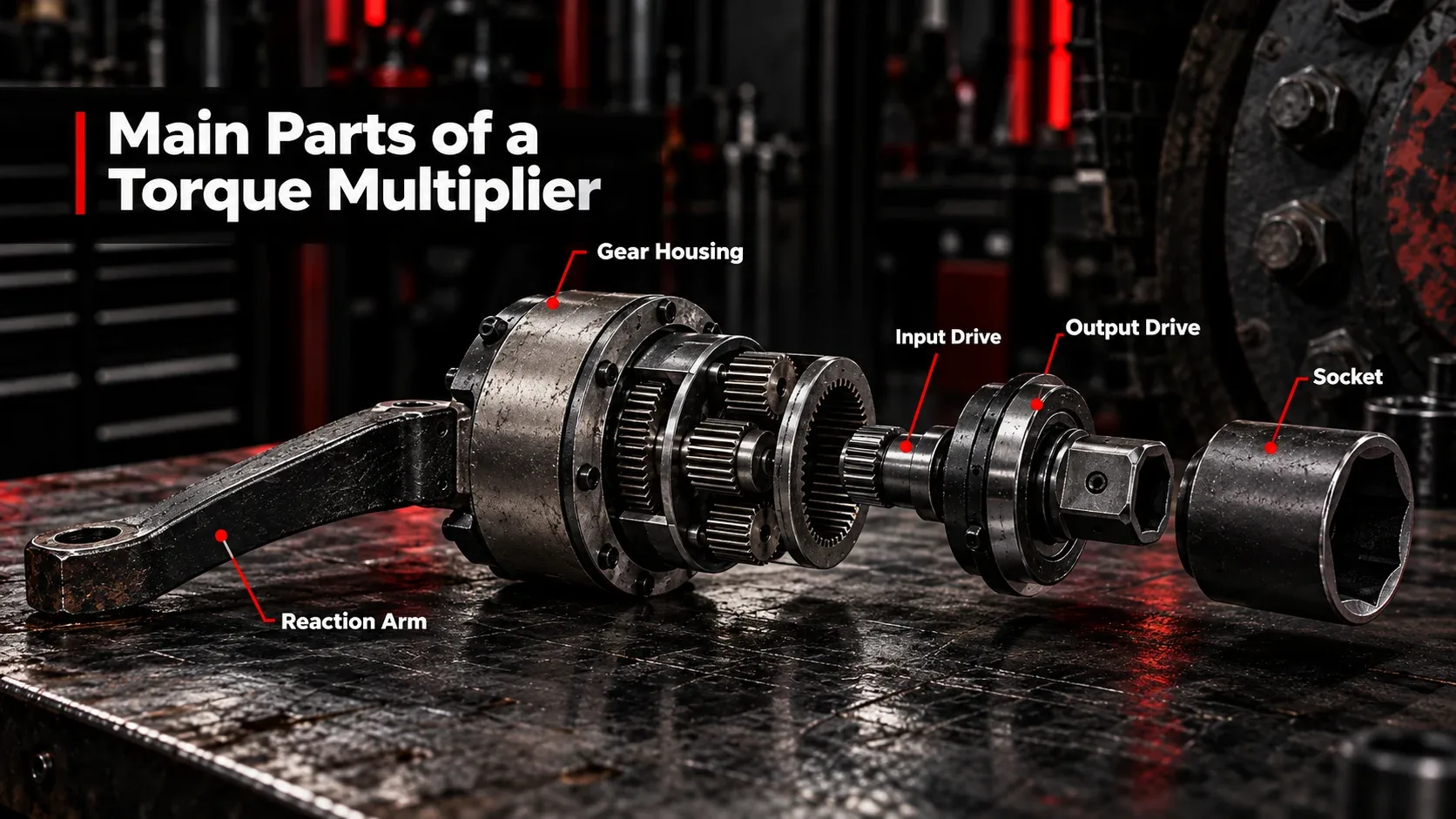 Main parts of a torque multiplier including gear housing reaction arm input drive output drive and socket