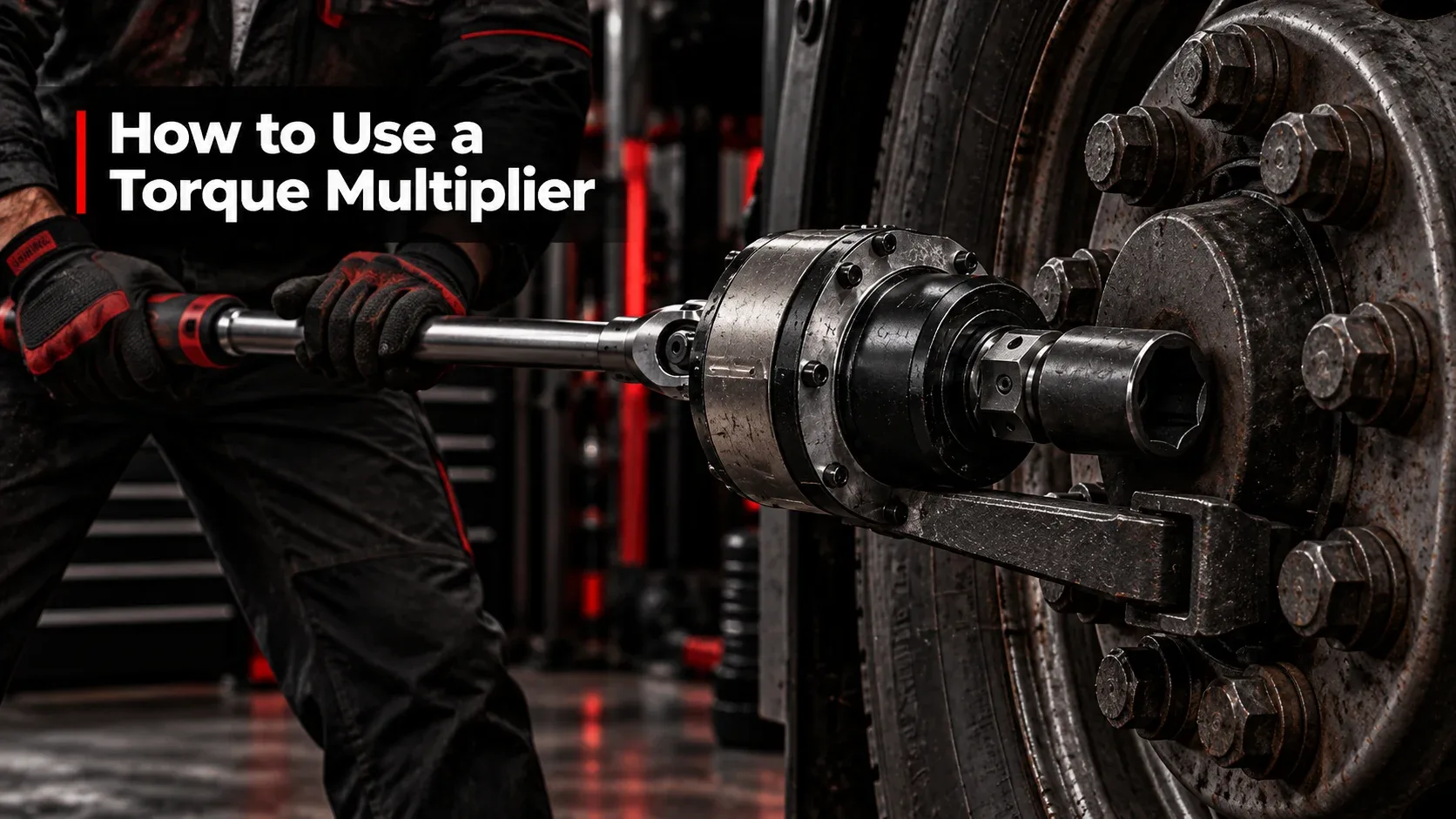 Mechanic operating a torque multiplier on a heavy duty truck wheel