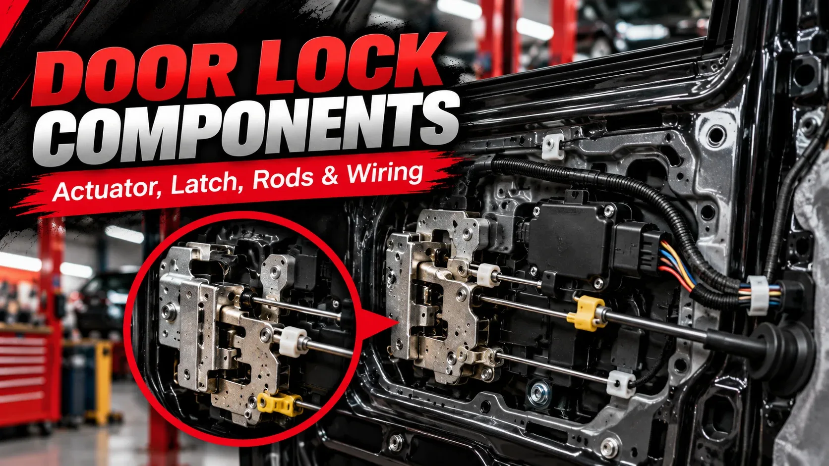 Door lock components infographic showing actuator, latch, rods and wiring