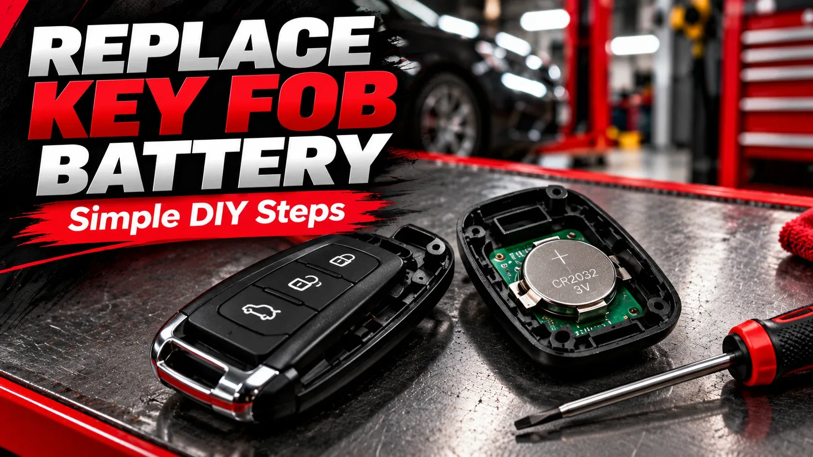 Step by step key fob battery replacement showing opened remote and coin cell battery