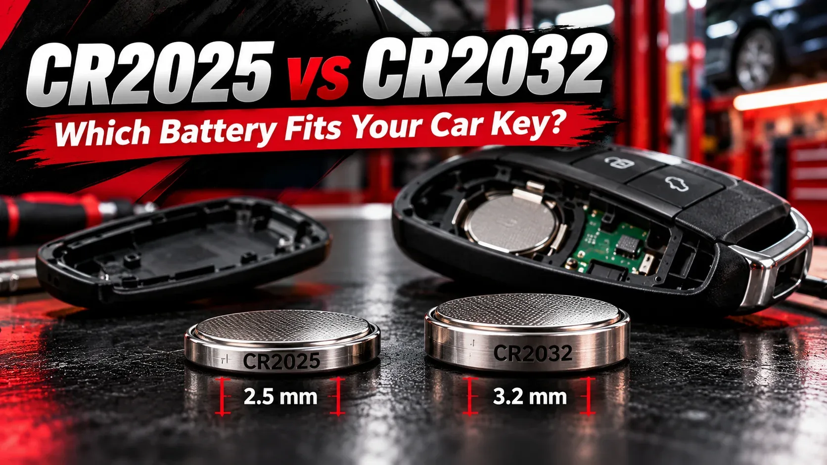 CR2025 vs CR2032 car key batteries infographic comparing 2.5mm and 3.2mm thickness