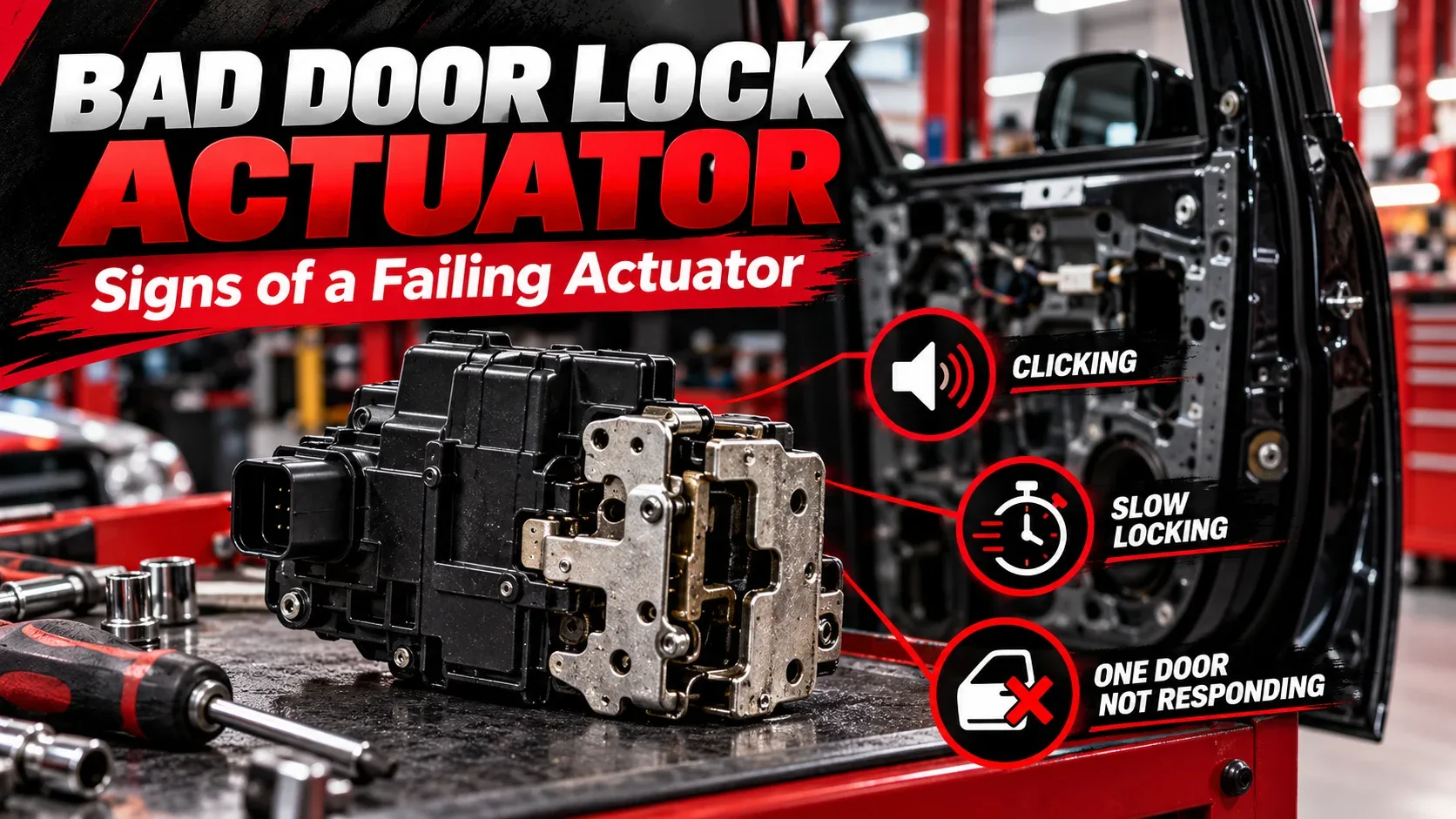 Bad door lock actuator symptoms infographic clicking slow locking and one door not responding
