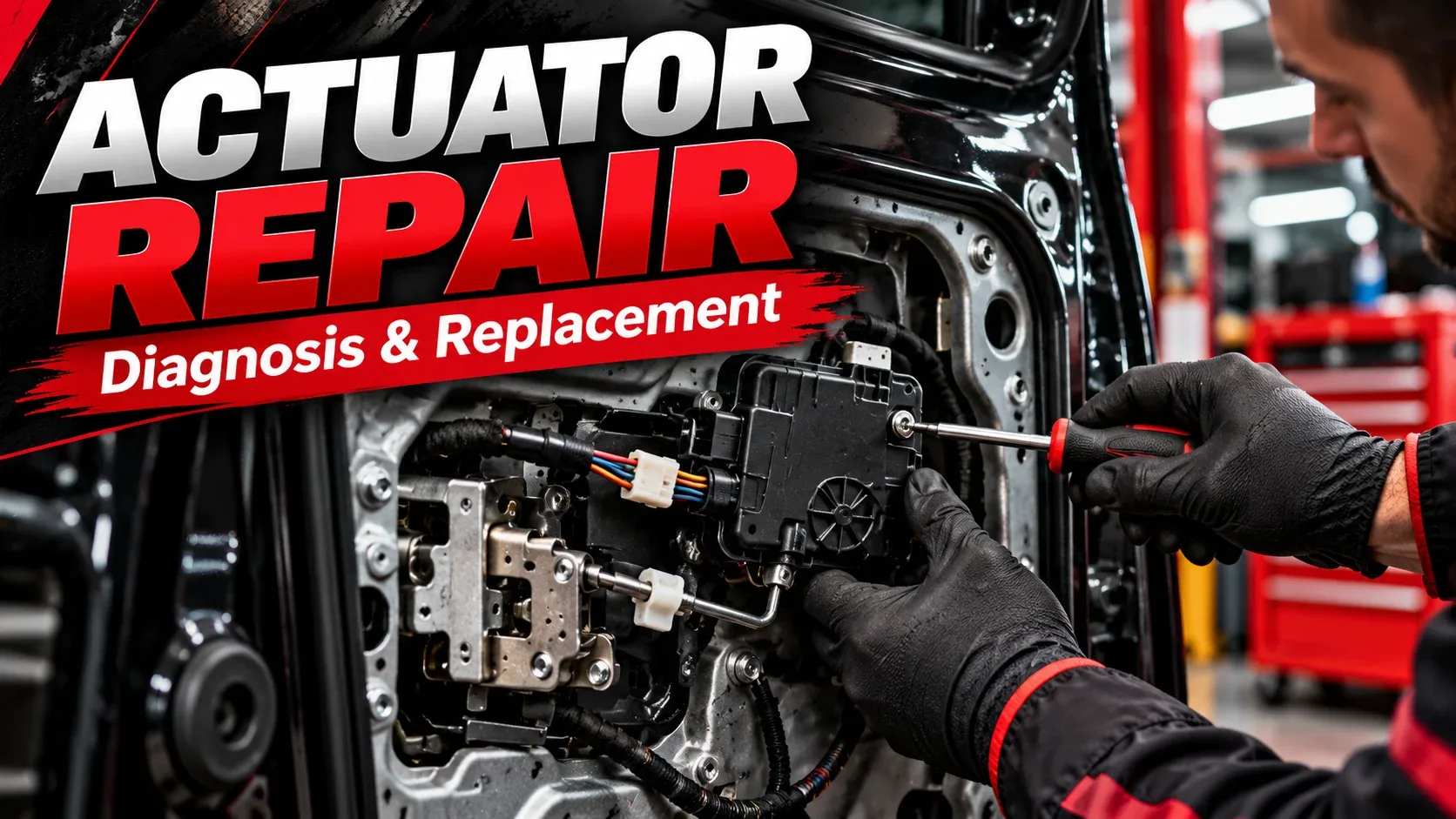 Door lock actuator repair diagnosis and replacement infographic with mechanic repairing car door