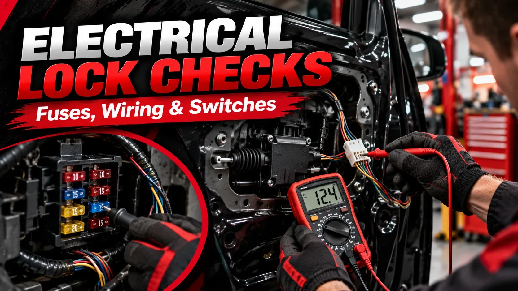 Electrical lock checks infographic showing fuses wiring switches and multimeter diagnostics