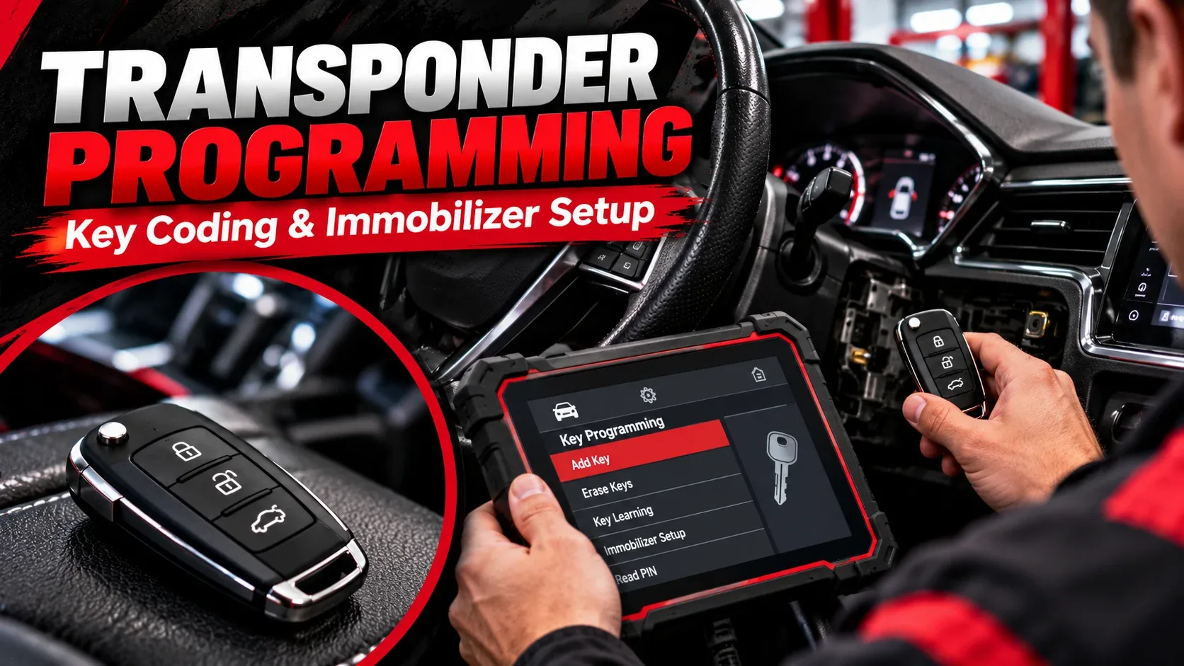 Car key transponder programming infographic featuring locksmith key coding and diagnostic tablet