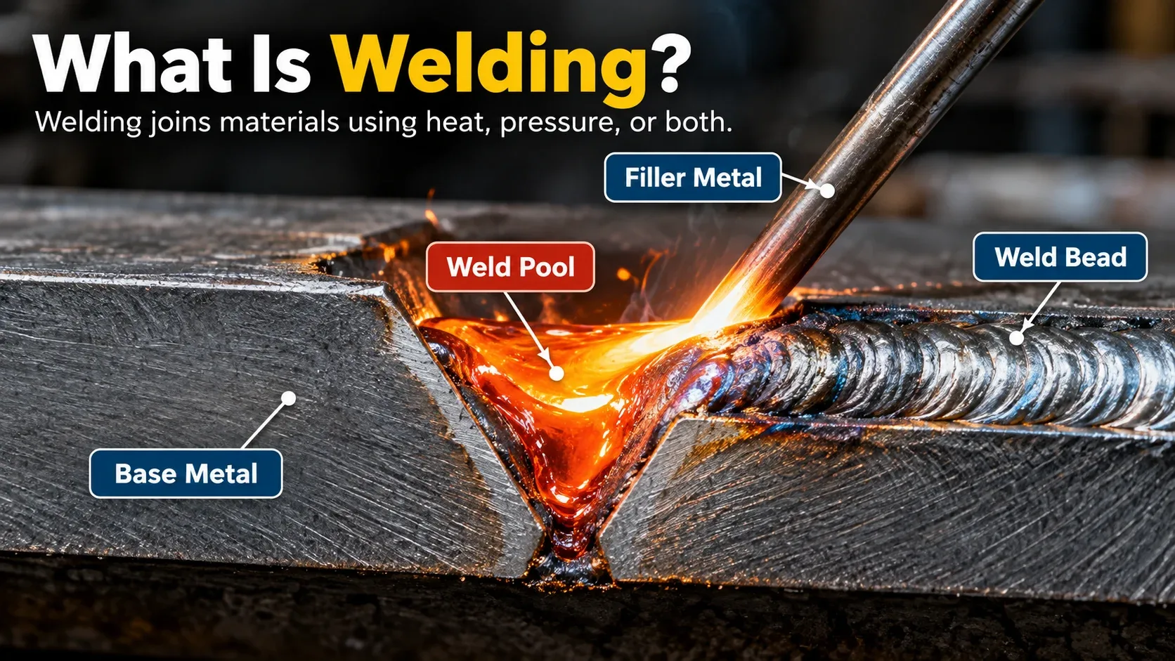 Welding definition showing base metal, weld pool, filler metal and weld bead