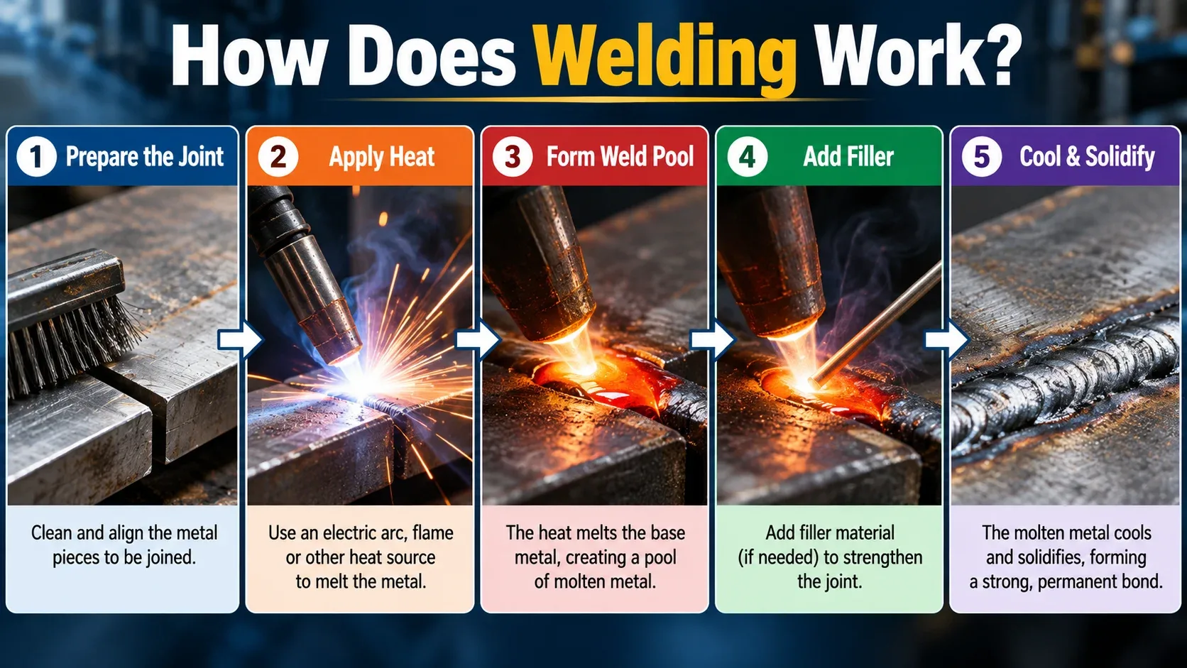 How welding works step by step from joint preparation to cooling and solidifying