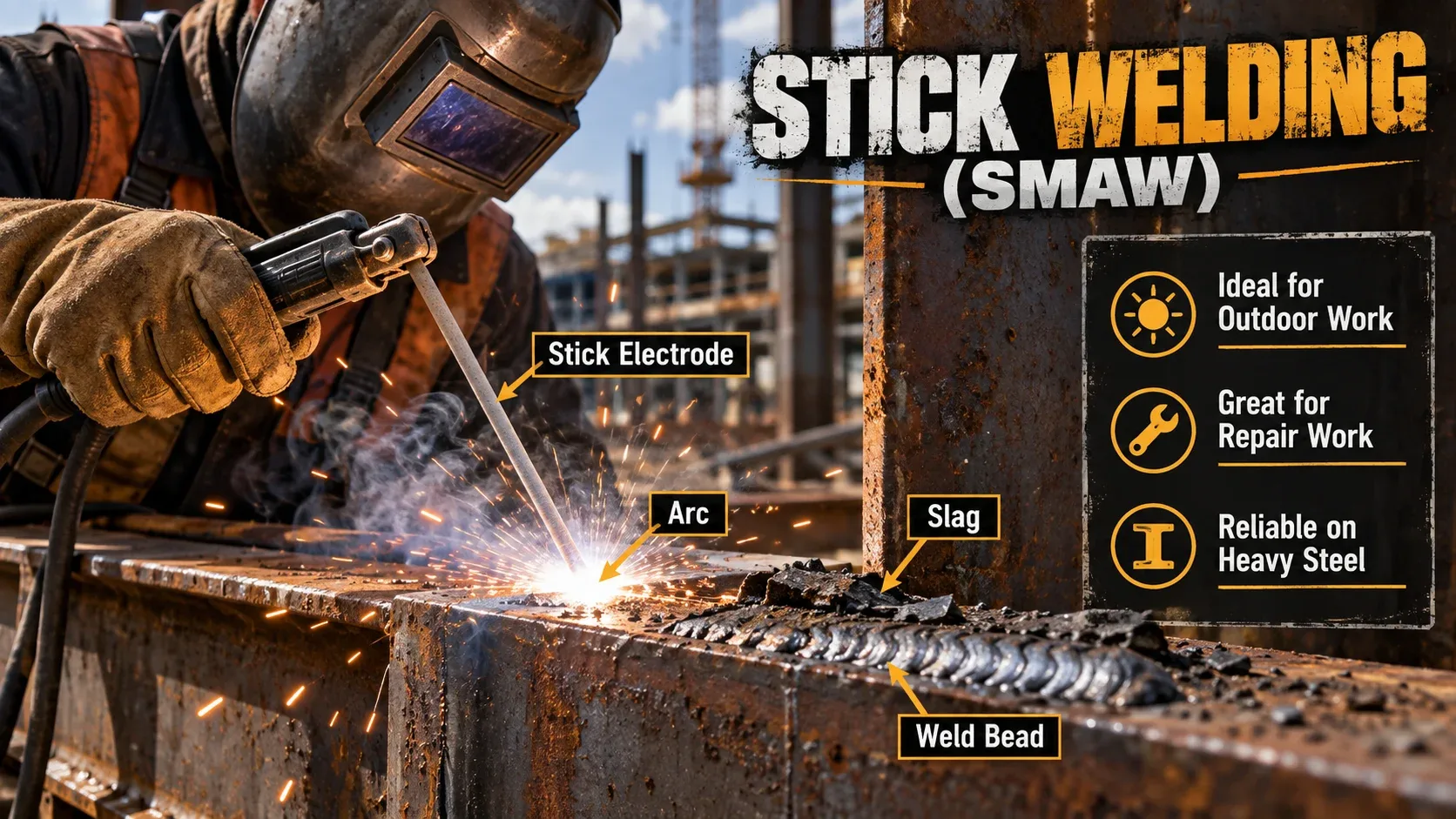 Stick welding SMAW process showing stick electrode, arc, slag and weld bead