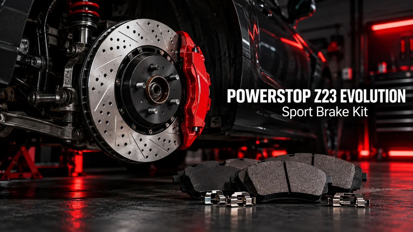 PowerStop Z23 Evolution Sport brake kit with drilled slotted rotor and brake pads