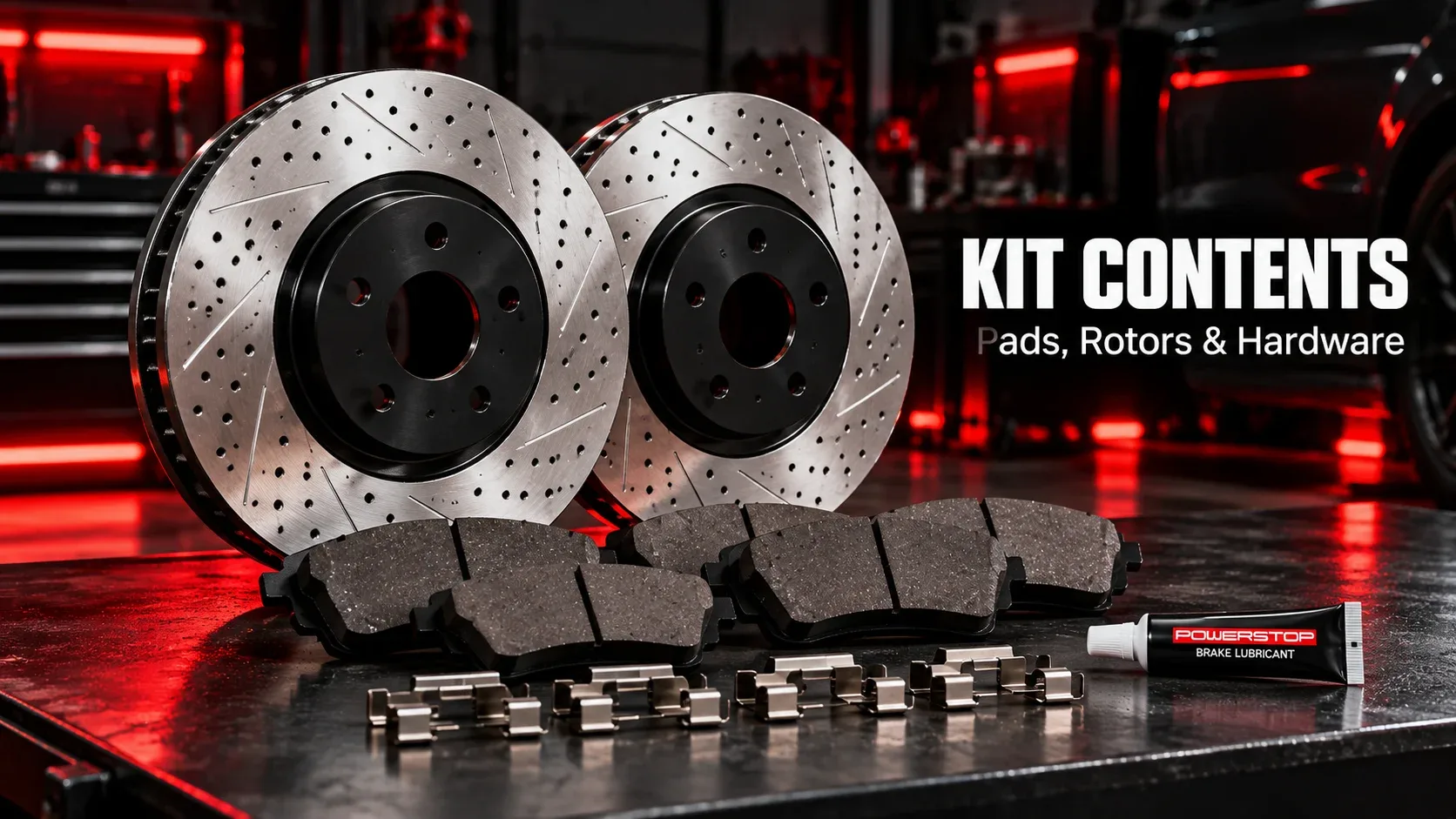 PowerStop Z23 brake kit contents including drilled rotors ceramic pads and installation hardware