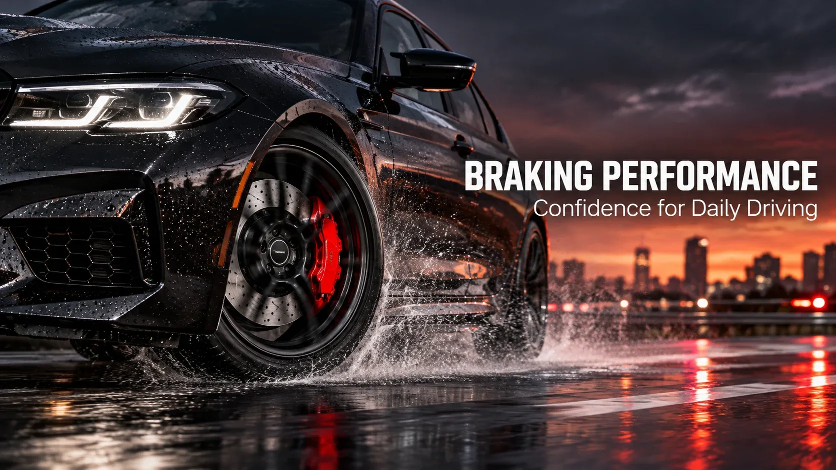 Car demonstrating braking performance during everyday wet road driving
