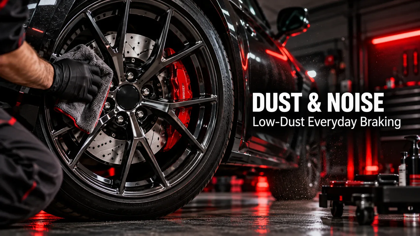 Car alloy wheel and brake assembly during cleaning illustrating brake dust and noise concerns