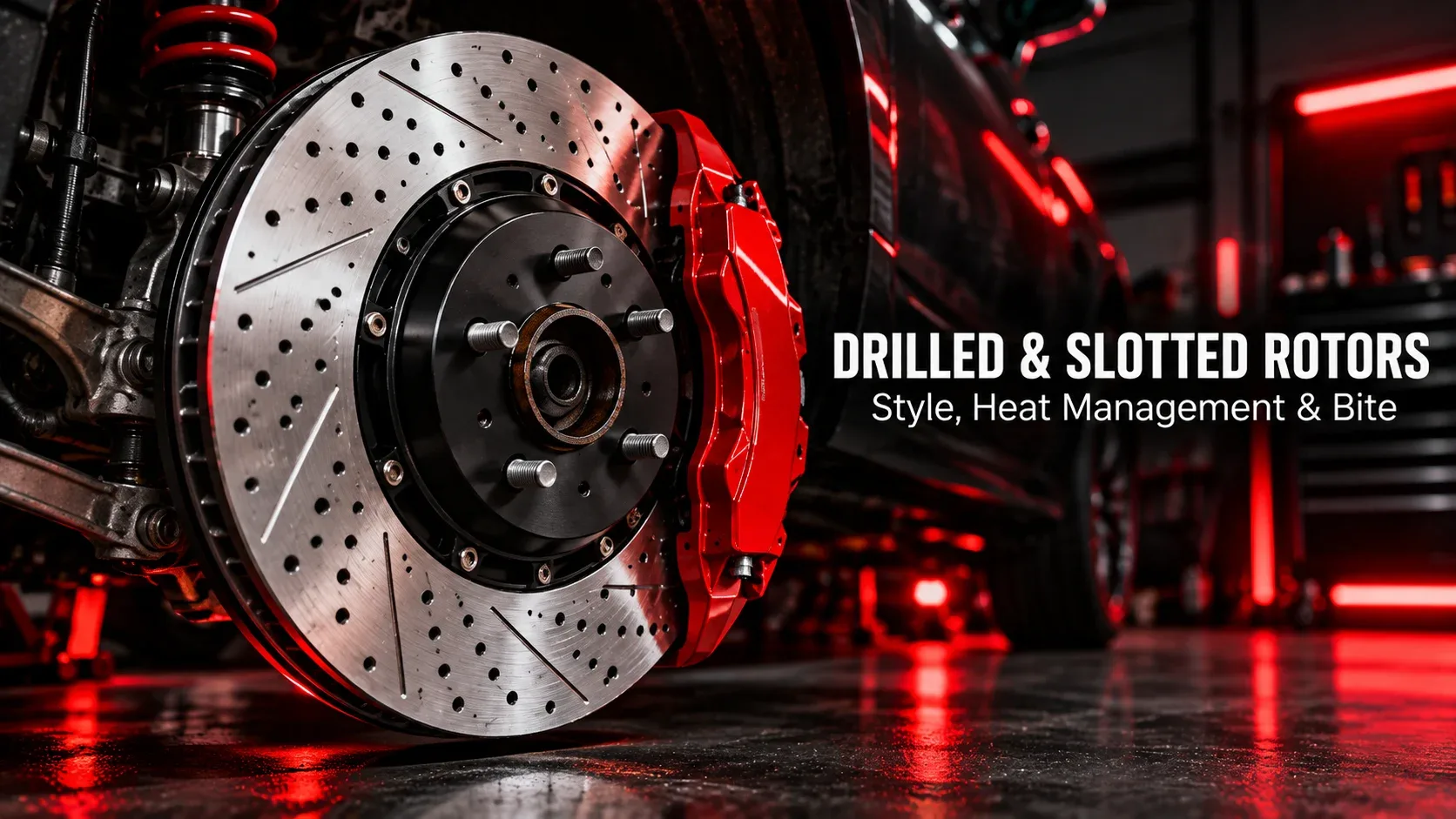 Close view of drilled and slotted PowerStop style brake rotor and red caliper