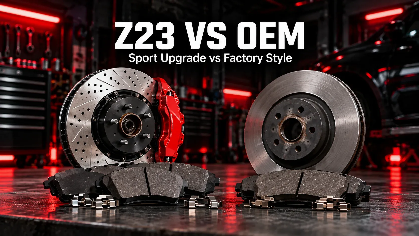 Comparison of PowerStop Z23 drilled rotor and factory style plain OEM brake rotor
