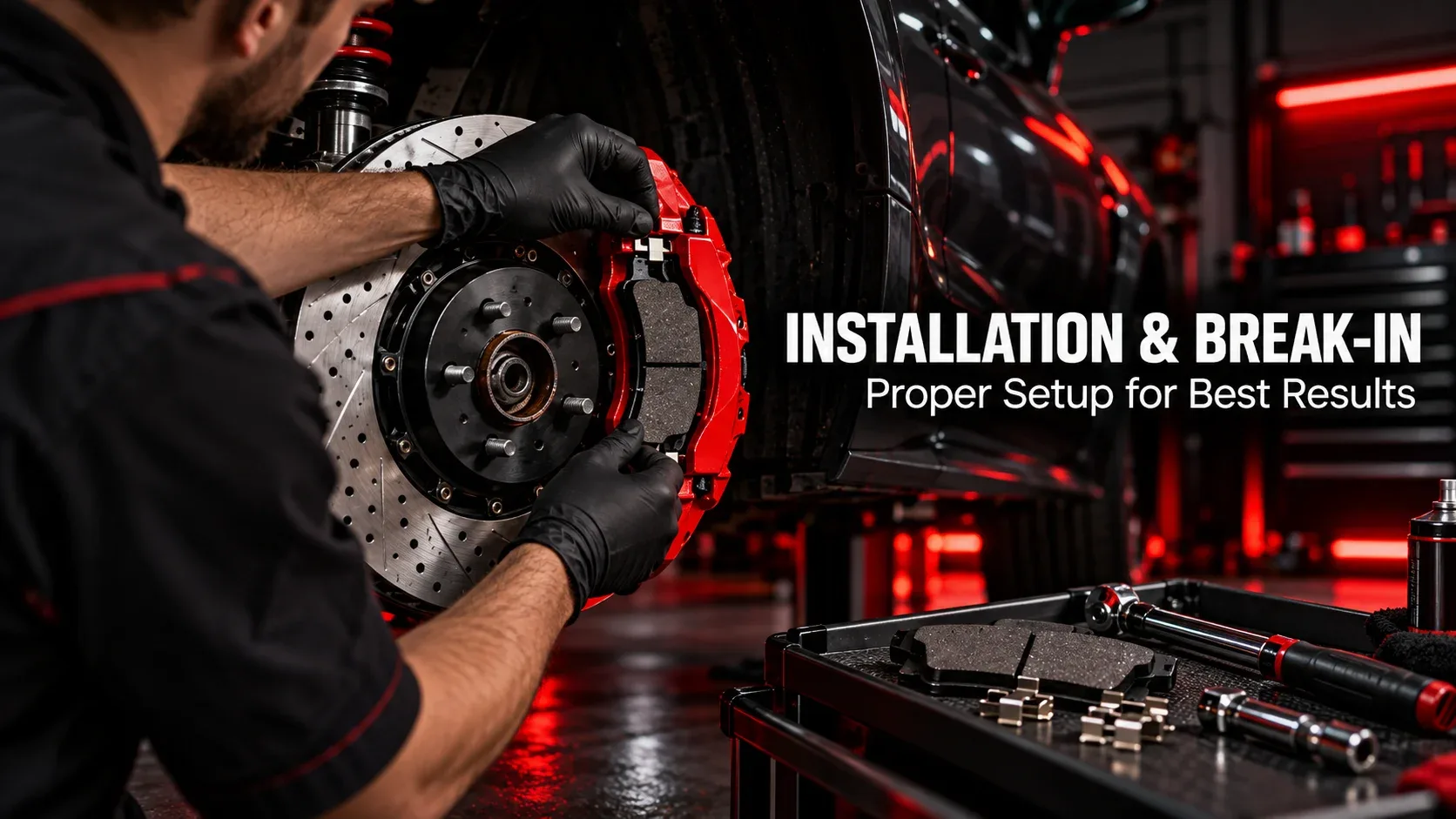Mechanic installing PowerStop Z23 brake pads with drilled and slotted rotor