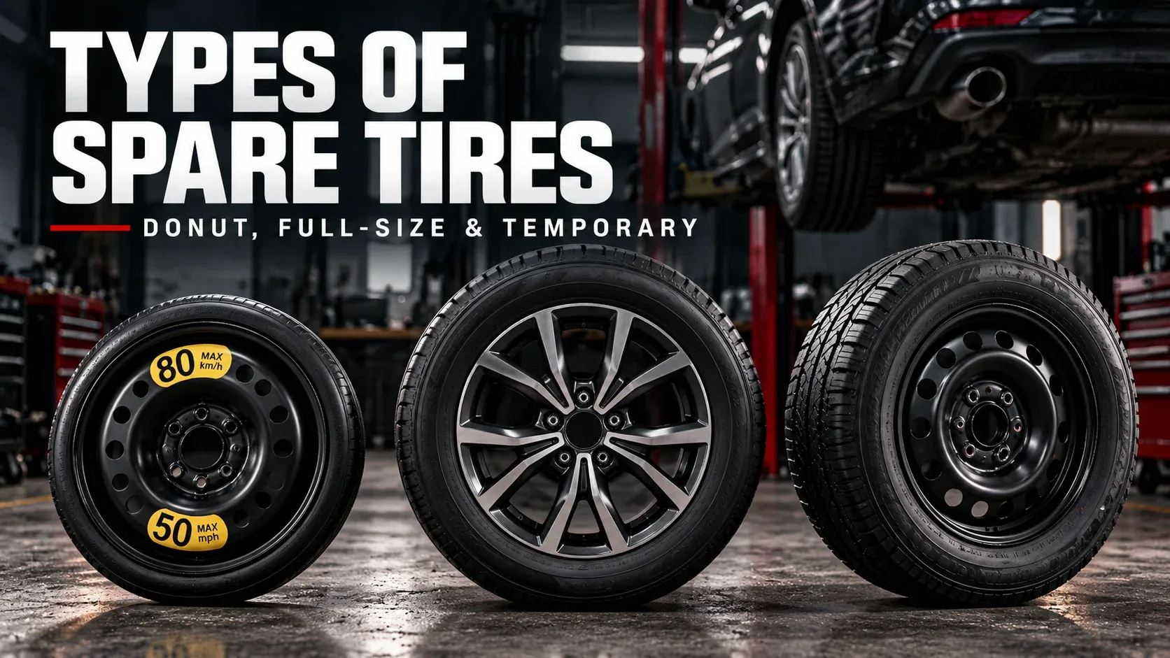 Three types of spare tires: compact donut, full-size matching, and full-size temporary