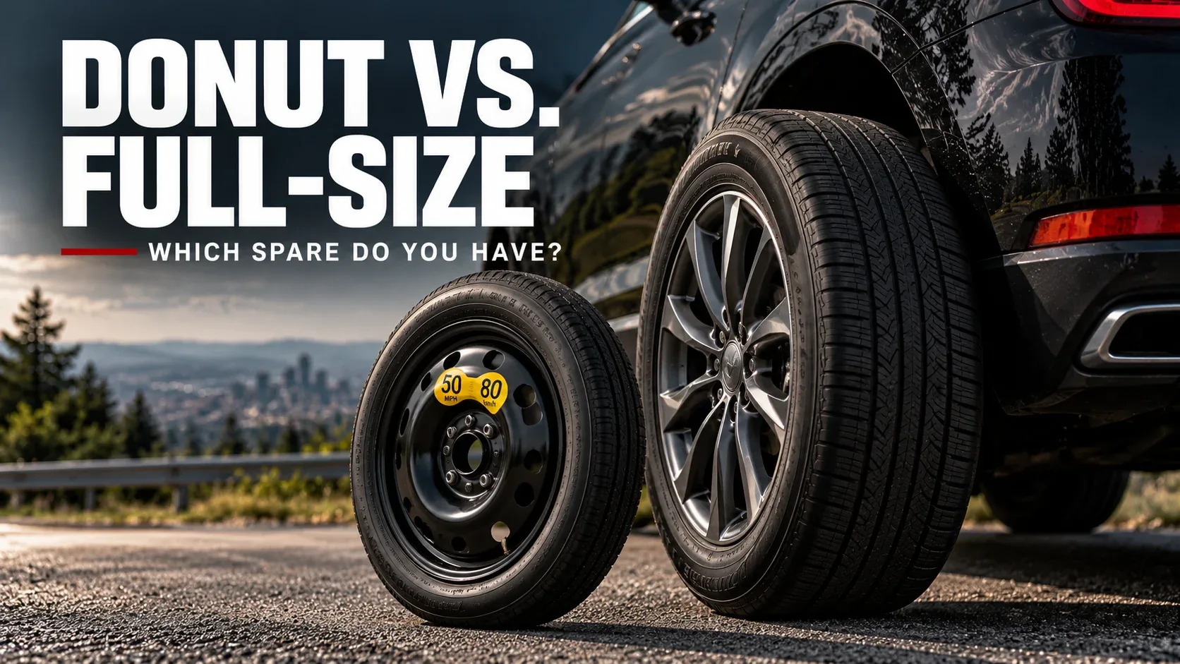 Compact donut spare tire compared with a full-size car tire