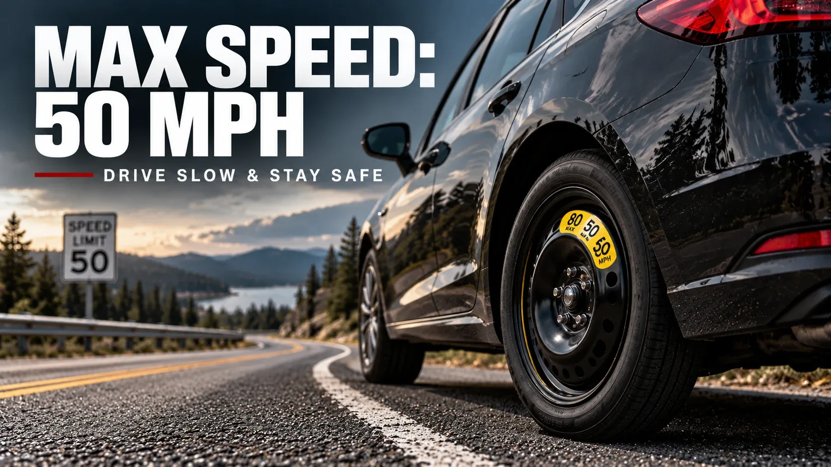 Compact spare tire speed restriction and 50 mph safety guidance
