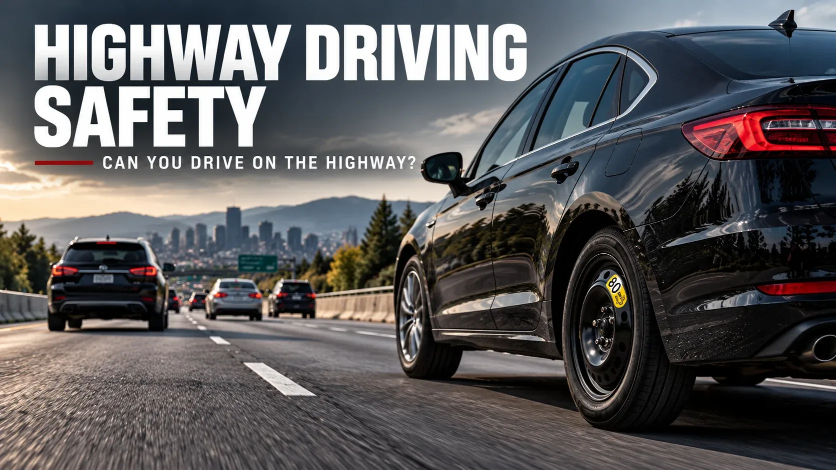 Car driving cautiously on a highway with a compact temporary spare tire
