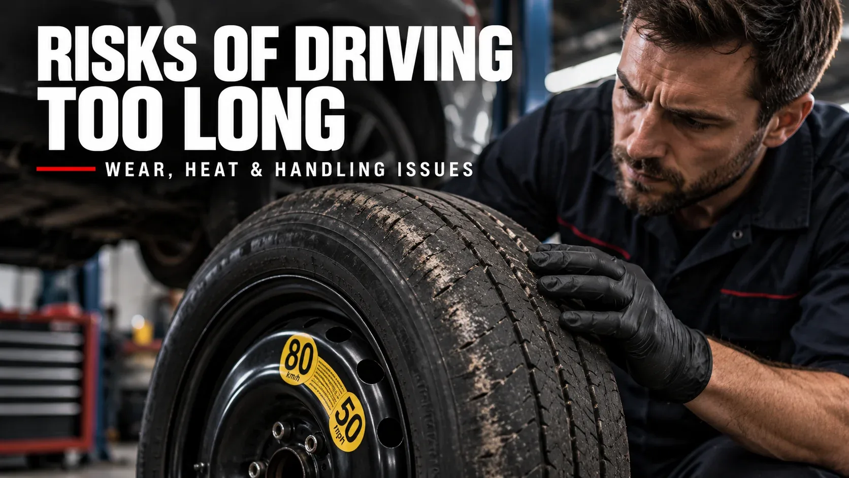 Mechanic inspecting a worn temporary spare tire for possible damage
