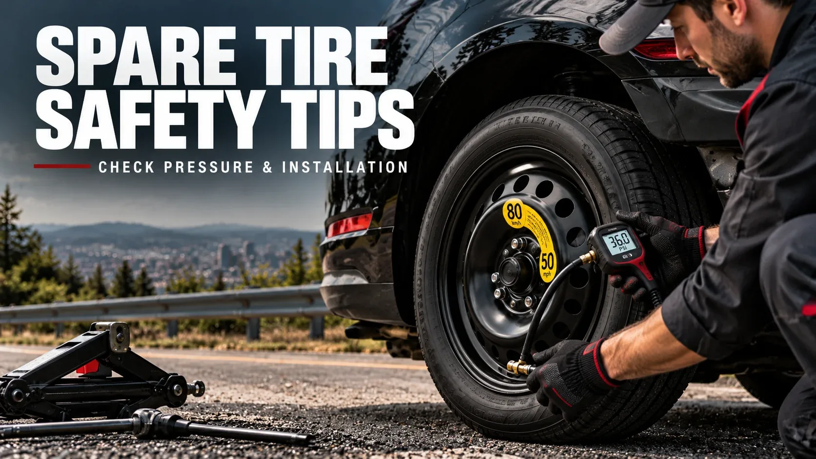 Technician checking spare tire air pressure and installation