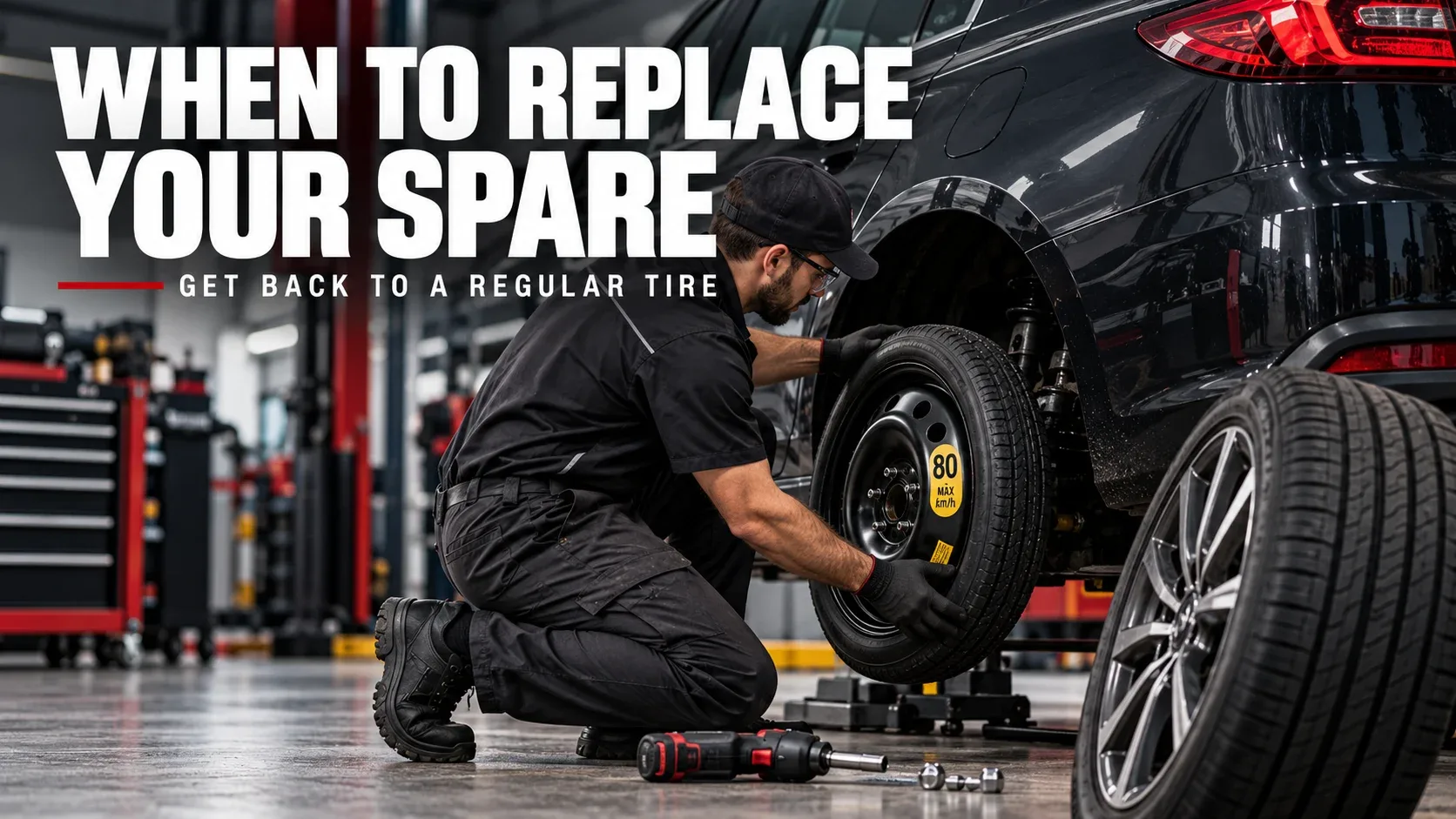Professional mechanic replacing a temporary spare with a regular road tire