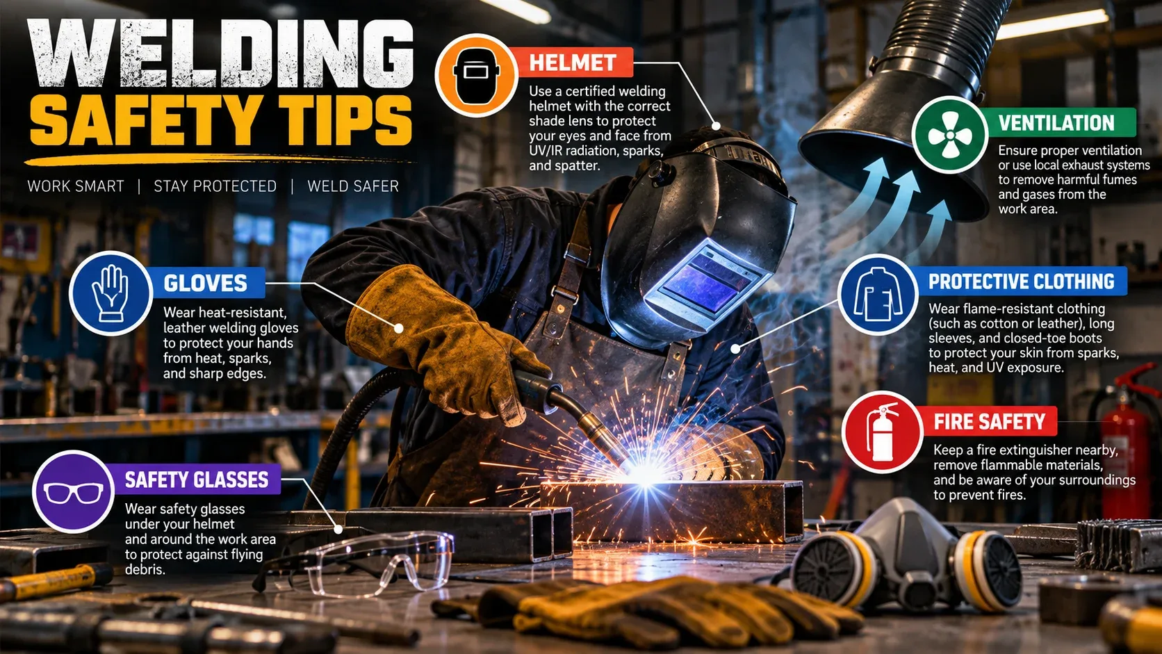Welding safety tips including helmet, gloves, ventilation, protective clothing, safety glasses and fire safety