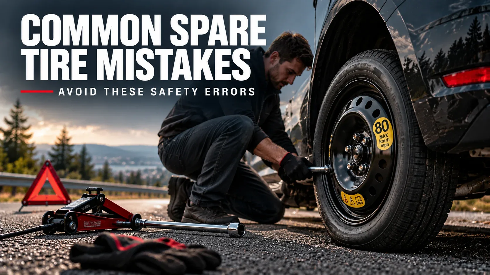 Driver installing a compact spare tire while avoiding common safety mistakes