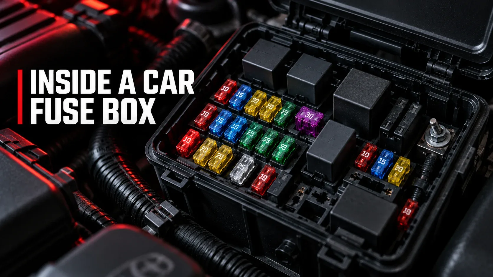 Inside an automotive fuse box with colored blade fuses and relays