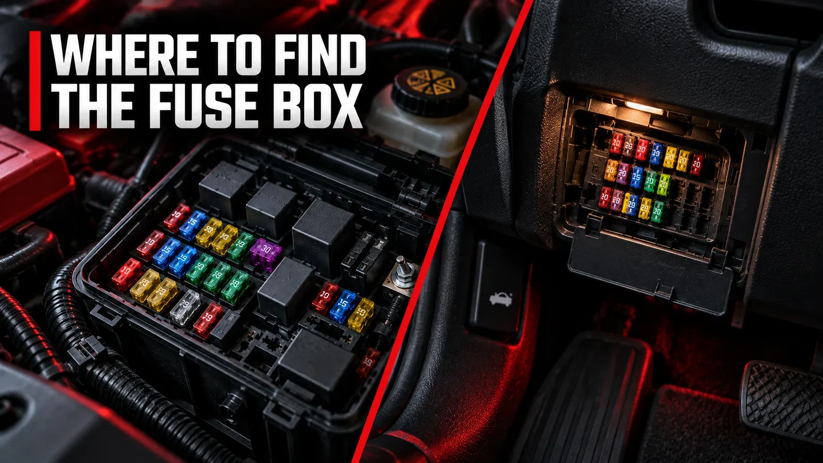 Typical automotive fuse box locations in the engine compartment and inside the dashboard