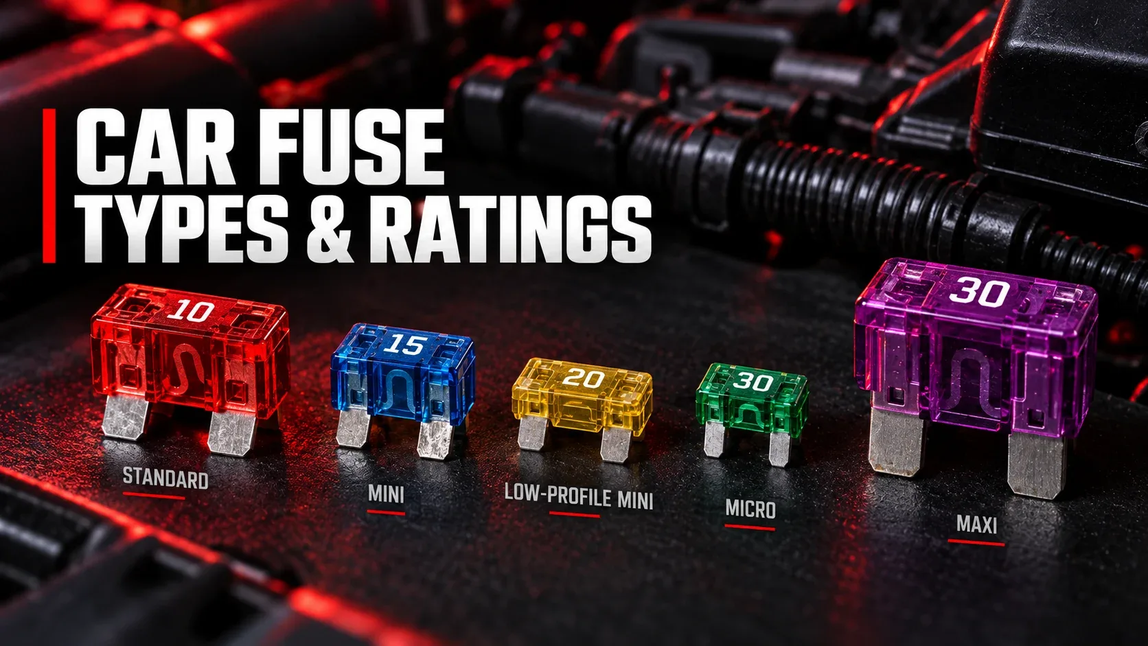 Comparison of standard mini low-profile mini micro and maxi automotive fuses
